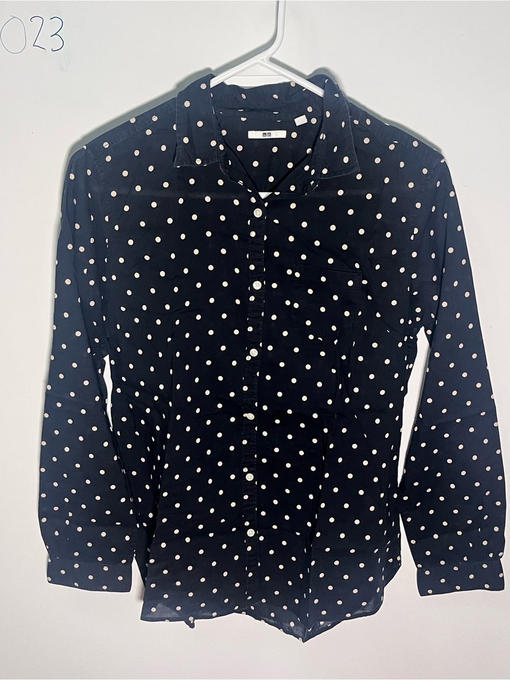 Uniqlo Black Button-Down Shirt with White Polka Dots